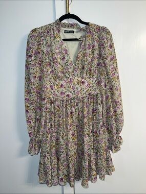 SHEIN Cream Floral Long Sleeve Mini Dress with Lavender Accents